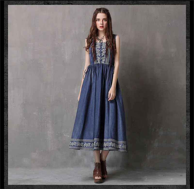 Vintage Summer Dress 2018 Cotton Women denim Dress Embroidery Dress Sleeveless  Tank Dresses O-Neck Floral Vestidos Femininos (6)