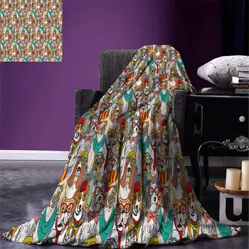 

Dog Throw Blanket Hipster Bulldog Schnauzer Pug Breeds with Glasses Hats Scarf Pattern Colorful Cartoon Warm Microfiber