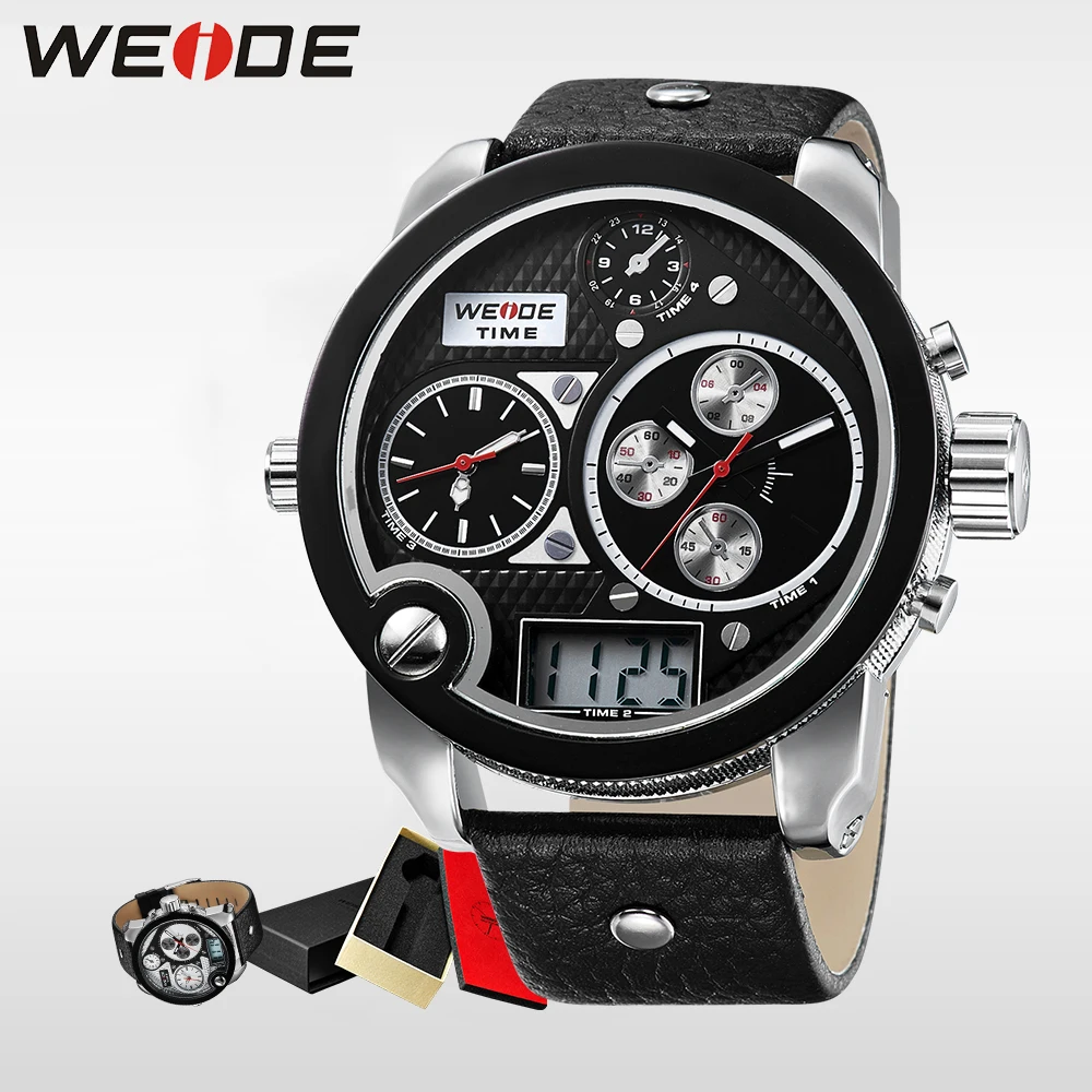 

WEIDE Top Brand Mens Digital Dual Time Watch With Real Leather Strap Big Dial Waterproof LCD Watches Original Gifts alarm clock