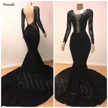2019 Black Long Sleeves Prom Dresses Beaded Appliques Arabic Style Crew Neck Mermaid Open Back Evening Dresses hotpink crew neck bat sleeves splited back blouse