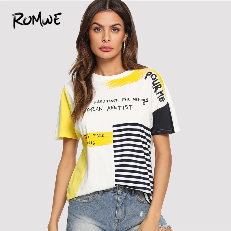 

ROMWE Mixed Print Cut And Sew T-Shirt 2019 Short Sleeve Round Neck Tees Glamorous Women Summer Letter Striped T Shirt