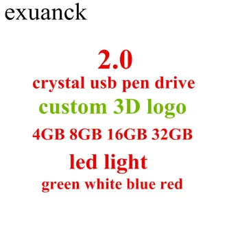 

Custom 3D Logo stamp Transparent Rose Gold Crystal USB Flash Drive 2.0 4GB 8GB 16GB 32GbB Memory Led Light (20pcs free logo)