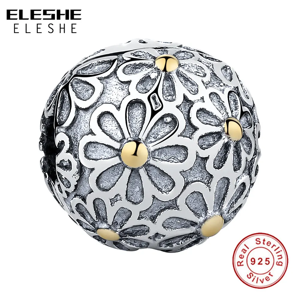 ELESHE New Fashion Real 925 Sterling Silver Daisy Flower Clip Charms Bead Fit Original Bracelet Bangle Authentic Jewelry