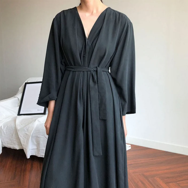 

Cotton V-neck Lace Up Long Women's Dress High Waist Vintage Full Sleeve Women Dresses 2019 Spring Summer Loose Clothes For Lady
