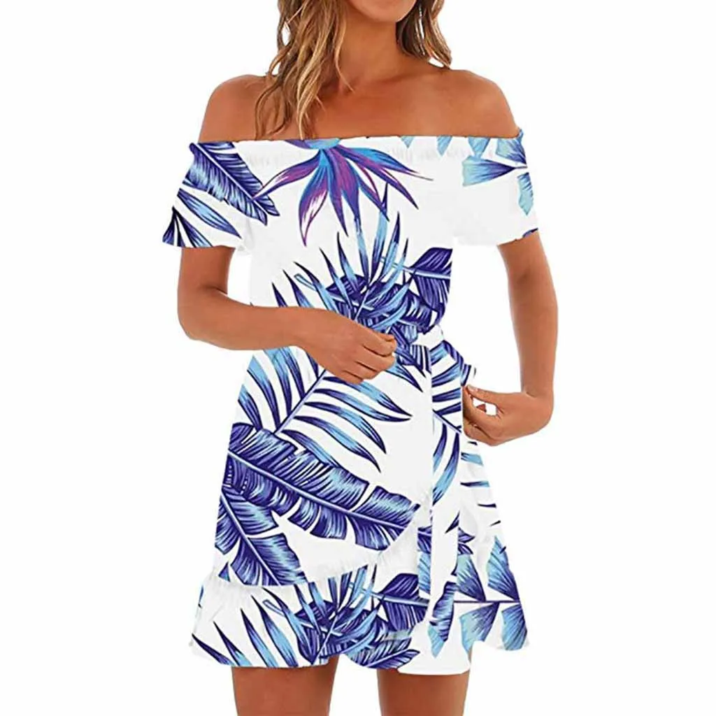 Womens Hawaiian Dresses Off The Shoulder Floral Short Sleeve Summer