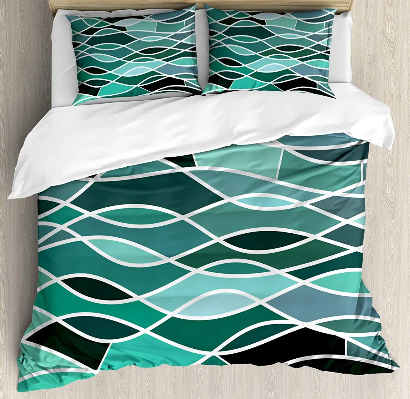 Seafoam Duvet Cover Set Stained Glass Pattern With Wavy Lines And