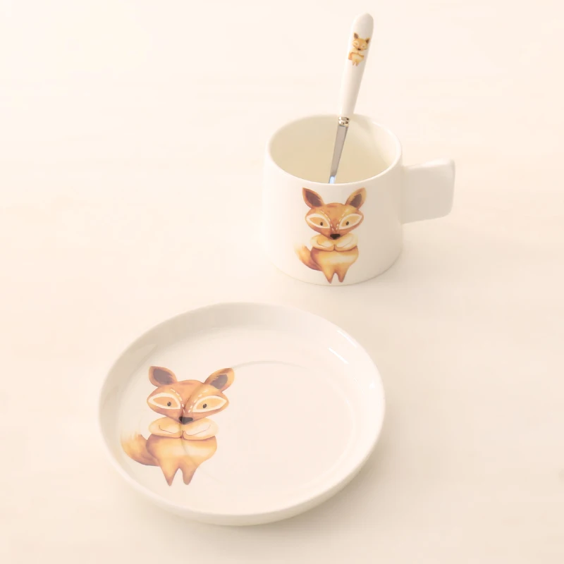 Каваи животных итальянские комплекты кофейных кружек с ложка для блюдца эспрессо для завтрака молоко чашка для хлопьев теарелка керамическая кафе кофейница Xicara - Цвет: Fox