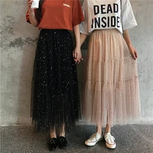 Летние милые юбки с пайетками Женские Высокая Талия Длинные гофрированный с сеткой юбка Harajuku плюс размер в Корейском стиле черная юбка jupe femme