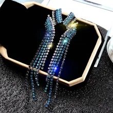 Шикарный Кристалл, Длинная кисточка, серьги, Синие стразы, капля, геометрические висячие серьги, висячие серьги для женщин, ювелирное изделие