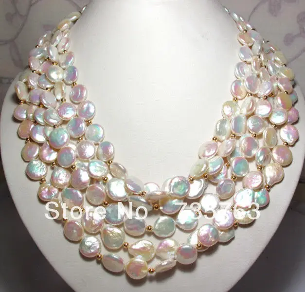 

HOT 00621 6 Strand Luster White Rainbow Coin Freshwater Pearl Necklace14K GP Shell
