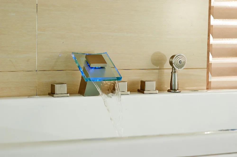 

Modern LED Color Changes Bathroom Tub Faucet 3 Handles Nickel Brushed Shower Tap