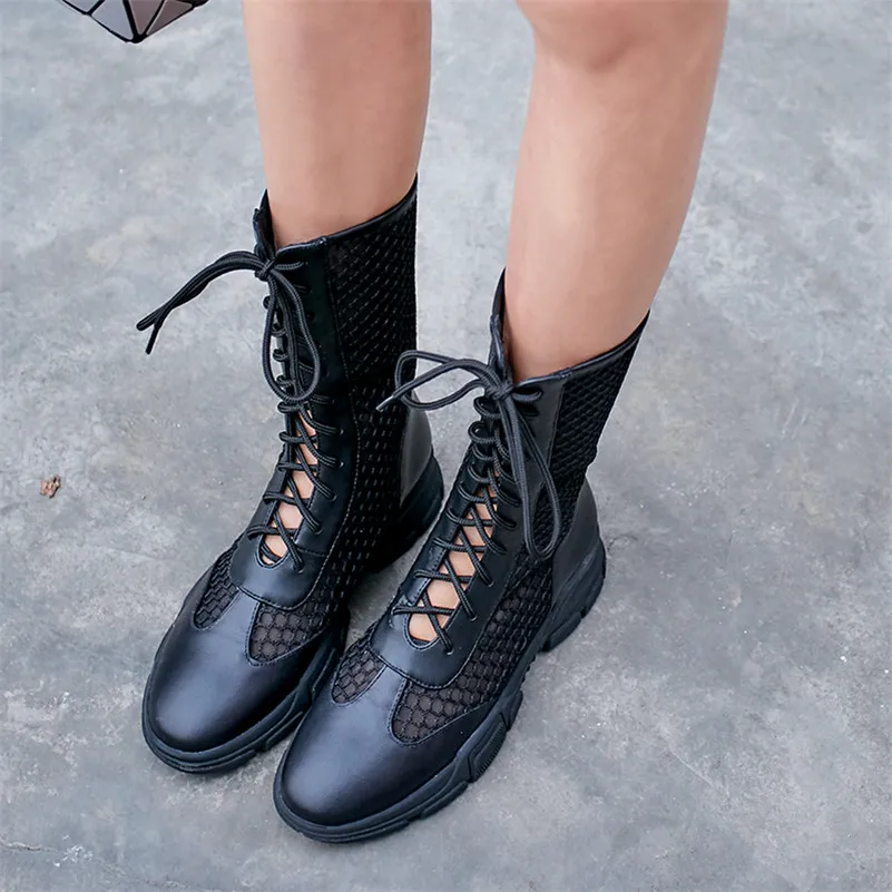 

CONASCO Women Sexy Shoes Top Quallity Sheepskin Fashion Boots Spring Summer Night Club Shoes Breathable Mesh Motorcycle Boots