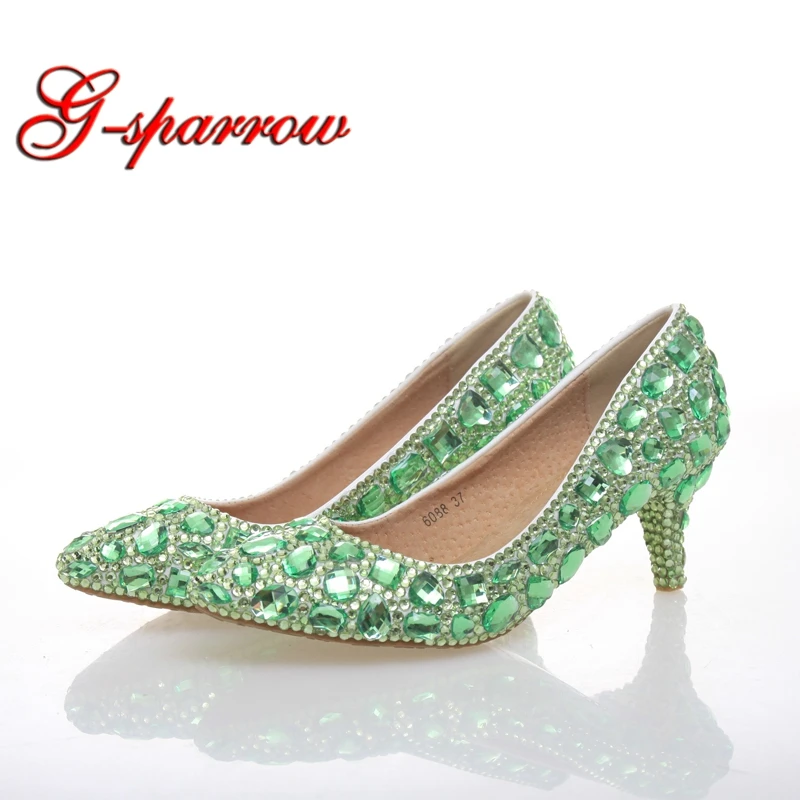 Green Rhinestone Pumps Wedding Party Shoes Middle Heel Pointed Toe