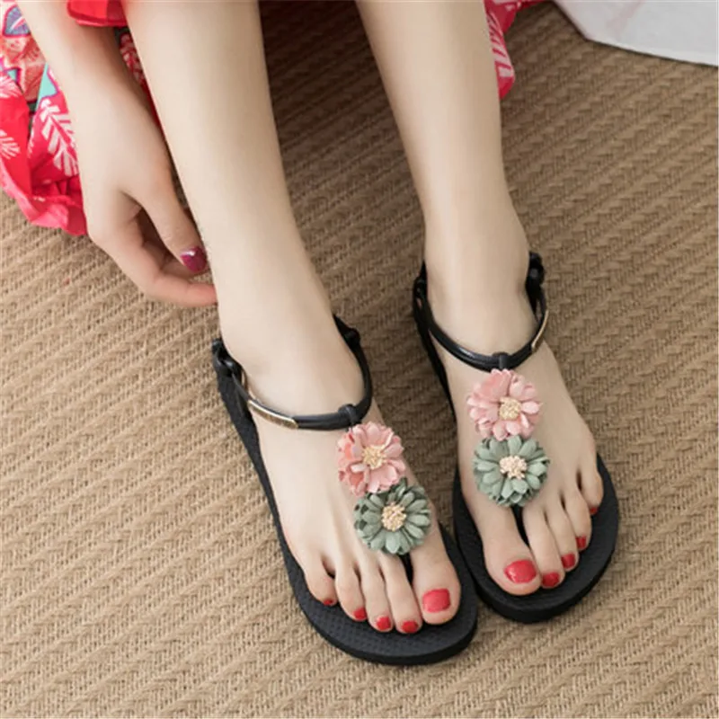 

Large size T-shaped sandals summer women's flip-flops flowers casual beach flat shoes Roman style women's sandals low heel women