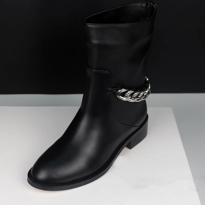 Knsvvli/сапоги-гладиаторы до колена с металлической цепочкой сзади; женские дизайнерские сапоги с круглым носком; Цвет Черный; женские мотоботы из натуральной кожи на плоской подошве - Цвет: black short boots
