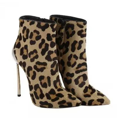 

Women new laopard pattern pointed toe high heel ankle boots Ladies' sexy super high thin heel short boots Fashion boots