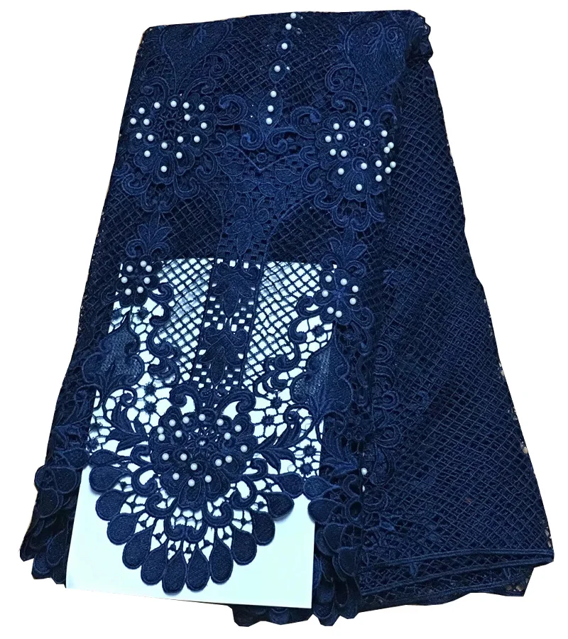 

Free shipping (5yards/pc) high grade navy blue African big cord lace fabric beaded guipure lace fabric for party dress WL3935