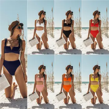 

2019 Swimwear Women Solid Colors Sweat V-neck Push Up High Waist Bikini Set Beach Summer Brazilian Bikini Swimsuit A2266YPC
