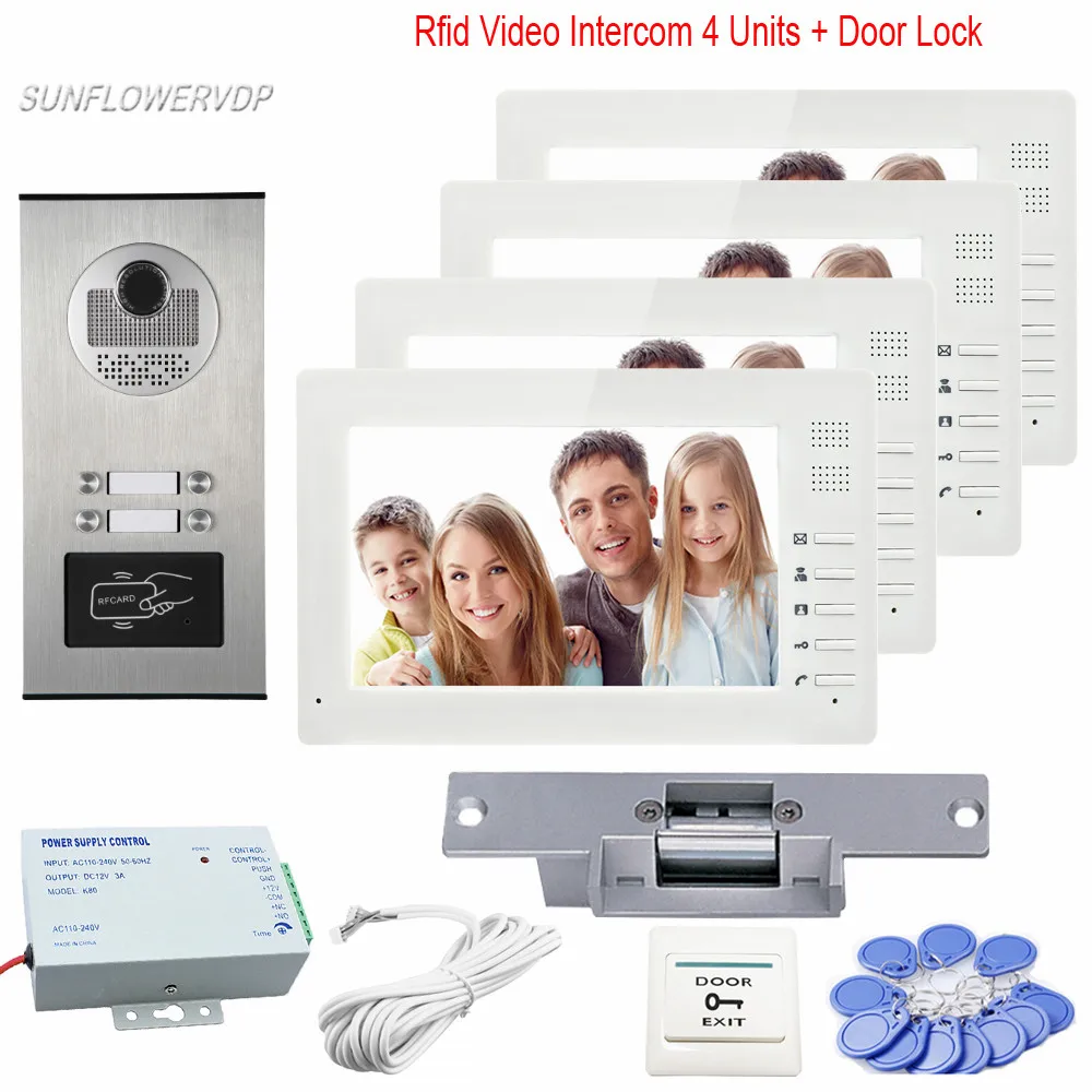 

Home Phone 7" Color 4 Monitors Intercom Door Video Phone 4 Buttons Rfid Ring Video Doorbell Camera With Electric Strike Lock