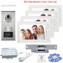 Home Phone 7″ Color 4 Monitors Intercom Door Video Phone 4 Buttons Rfid Ring Video Doorbell Camera With Electric Strike Lock