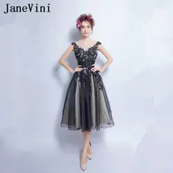 JaneVini 2018 плюс Размеры платья подружек невесты с кружевной аппликацией Линия V шеи спинки Тюль Иллюзия по колено Demoiselle D'honneur