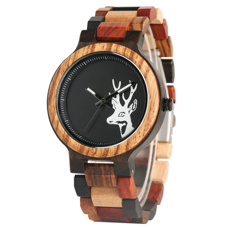 

Natural Deer Head Elk Wood Watch Male Unique Mixed Color Full Wooden Watches Quartz Wristwatch Men Hours Clock Relogio Masculino