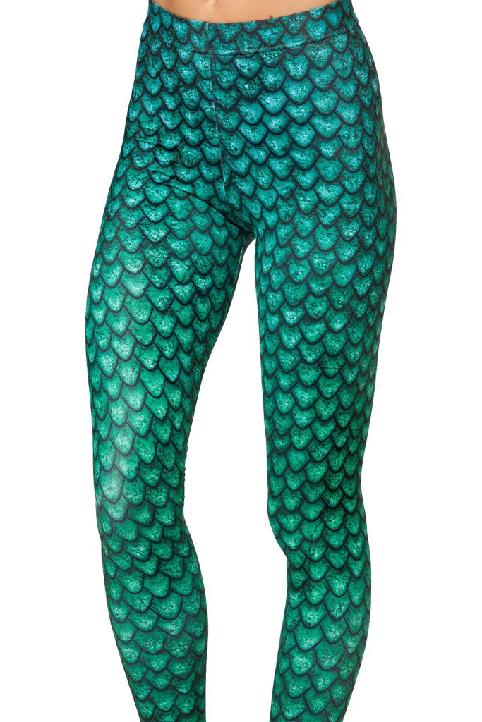 Ladies Green Fish Scale Leggings Slim 