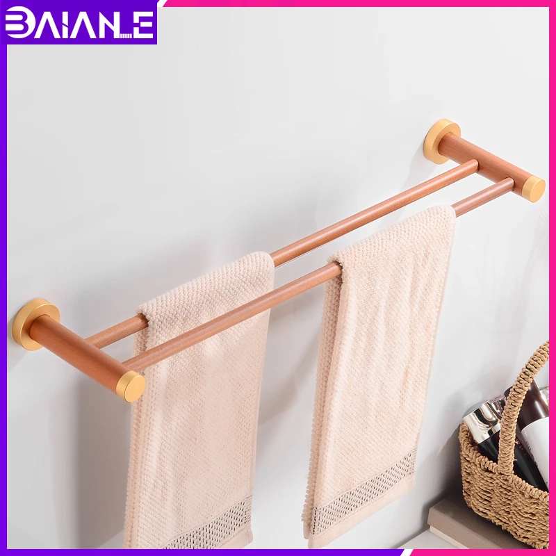 

Bathroom Towel Rack Hanging Holder Aluminum Wood Double Towel Bar Wall Mounted Towel Holder Storage Hanger Bathroom Accessories