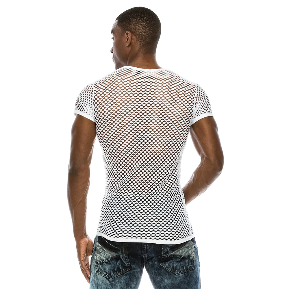 Men's Mesh See-through Fishnet T Shirt 2023 Fashion Sexy Short Sleeve Undershirt Nightclub Wear T-shirt Perform Streetwear Tops 4