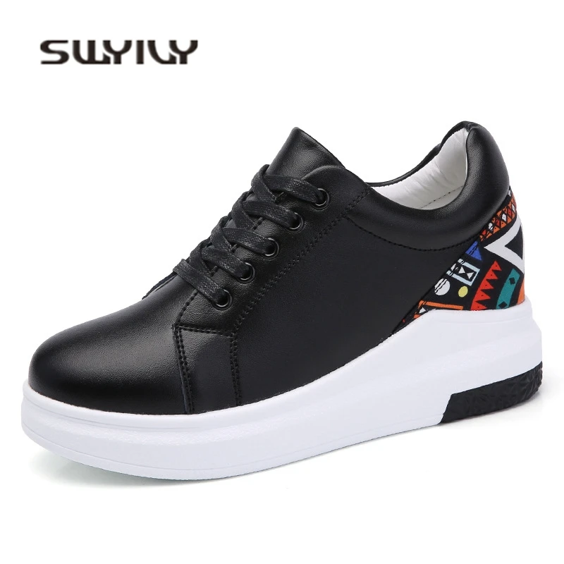 

SWYIVY Woman Sneakers Genuine Leather 2018 Wedge Casual Shoes Woman White Platform Female Leisure Canvas Shoes 6 Cm Sneakers
