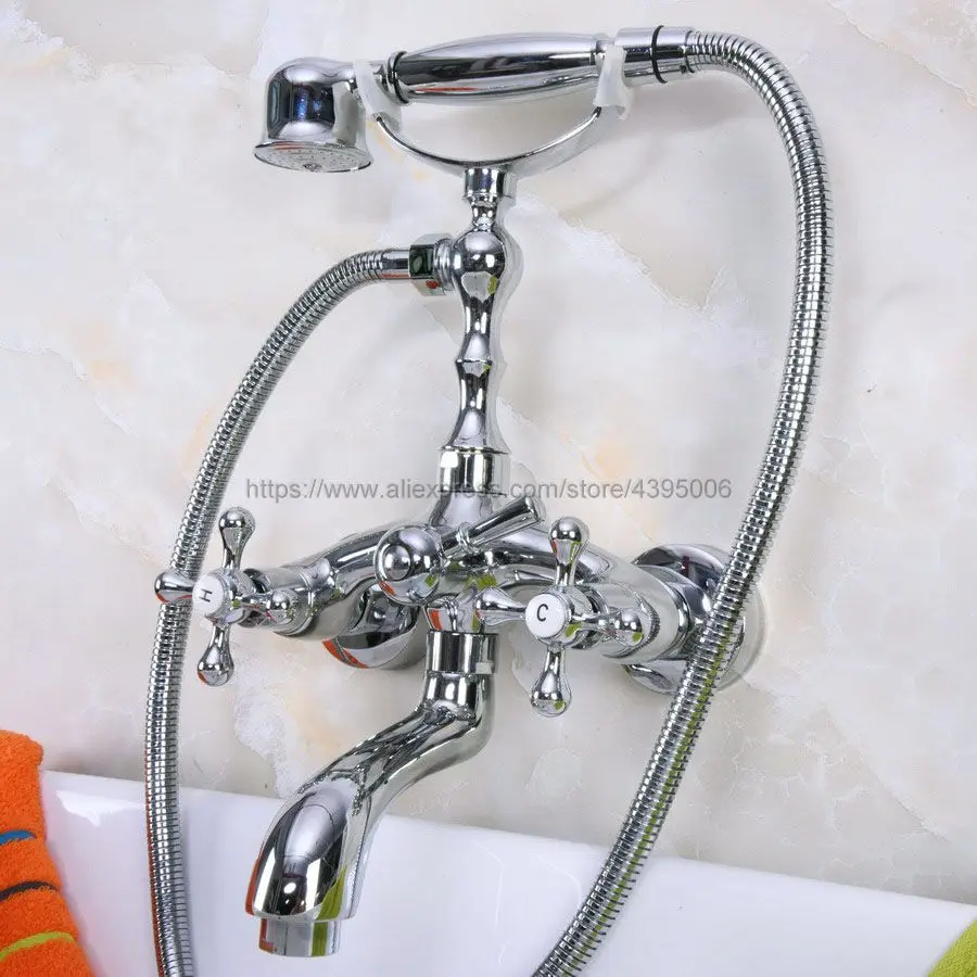 

Chrome Brass Telephone Style Bathtub Faucet Wall Mounted Bath & Shower Mixer Taps Handheld Shower Set Bna198