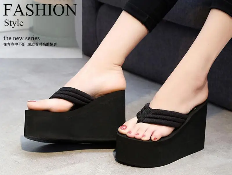 Women's 11CM Platform Flip Flops - Black EVA High Heels - true deals club