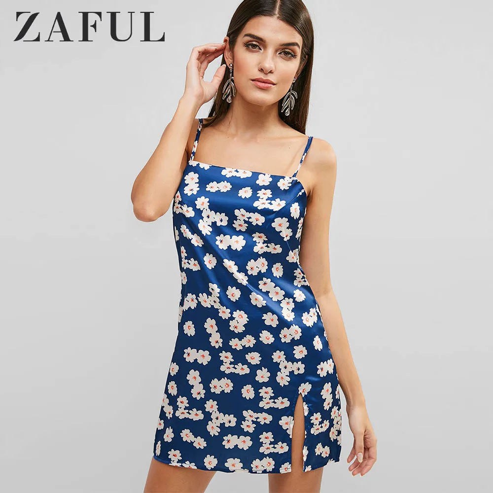 

ZAFUL Floral Side Zipper Cami A Line Dress Women Summer Spaghetti Strap Vintage Sweet Mini Split Dress Holiday Beach Vestidos