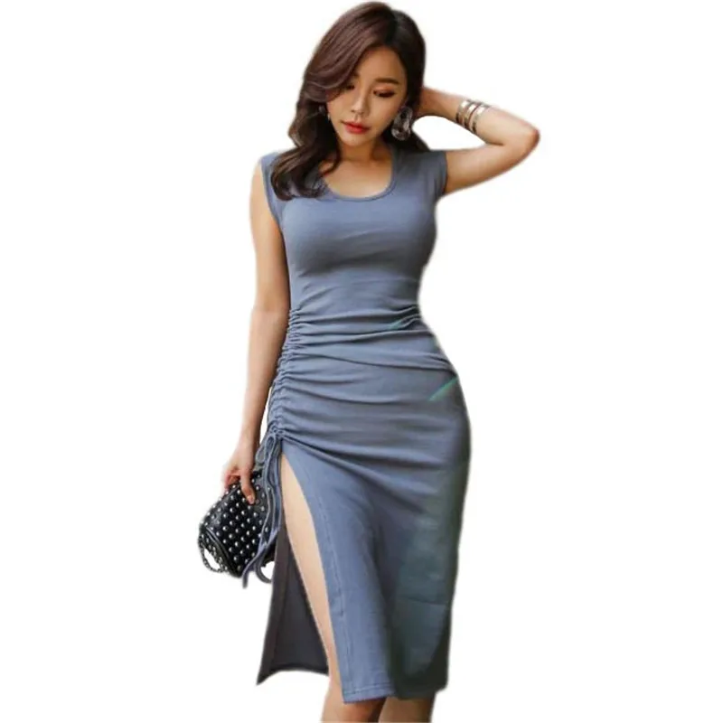 

2019 Summer New Fashion Women Dress Korean Version Solid Color Slim Bag Hip Ladies Dress Irregular Slit Sexy Goddess Dress Lj480