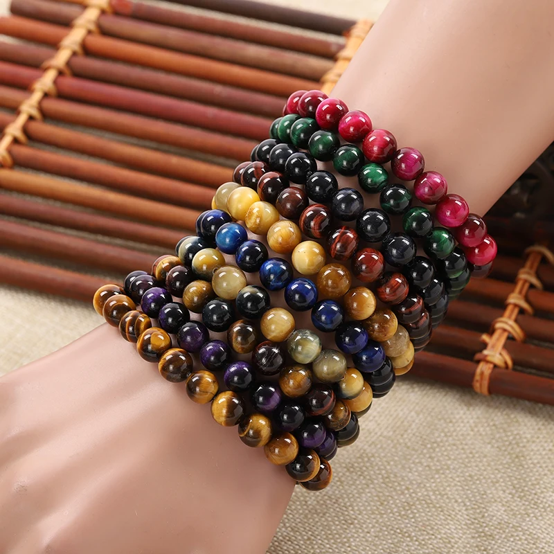 Hoge Kwaliteit Blauw Geel Rose Red Golden Green Tiger Eye Buddha Armbanden Natuursteen Ronde Kralen Elasticiteit Touw Mannen Vrouwen