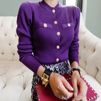 

New Arrival Elegant Purple Knit Cardigan Coat 2018 Spring Autumn Thin Runway Sweater Button Knit Female jersey mujer invierno