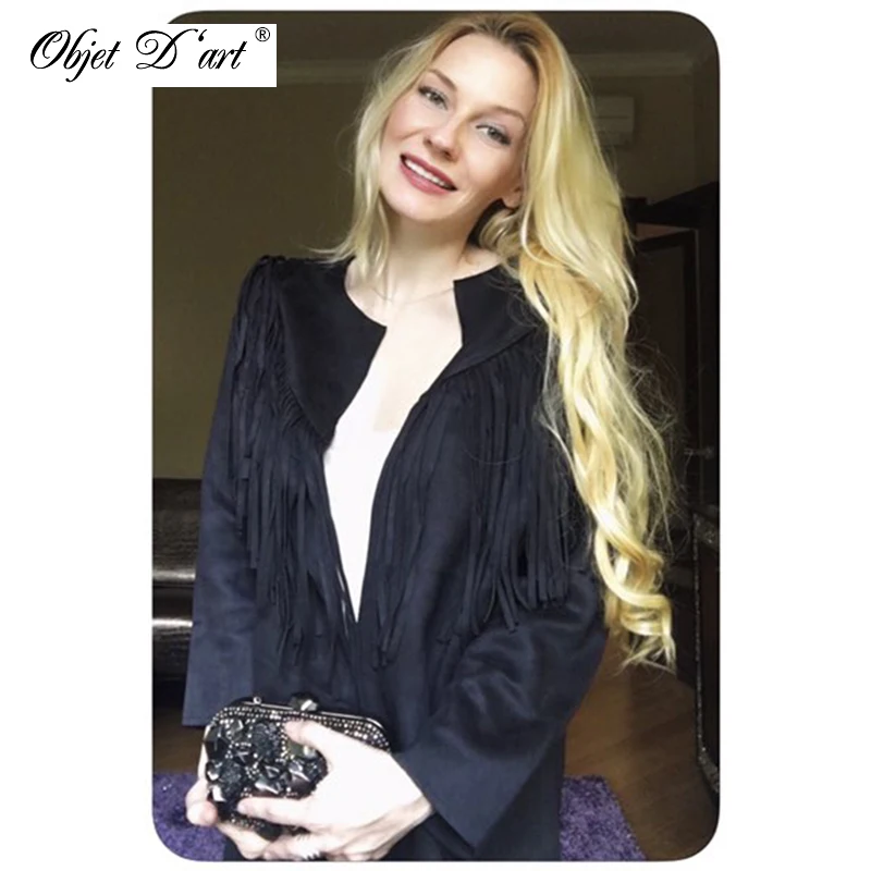 Новая модная женская зимняя Лоскутная мягкая длинная куртка с кисточками три четверти рукав открытая стежка уникальные негабаритные Пальто черное пальто