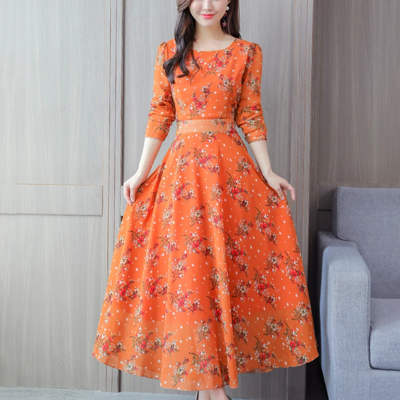 

Bohemian Printing Long Dress O-neck Sleeve Big Hem Women Spring Summer Dress Elegant Casual Vestidos De