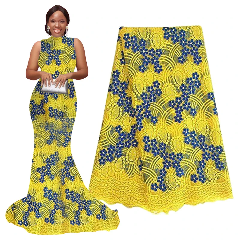 

African Lace Fabric 2019 High Quality Lace Yellow Royal Blue Embroidery Tulle Net Lace French Fabrics with Stones