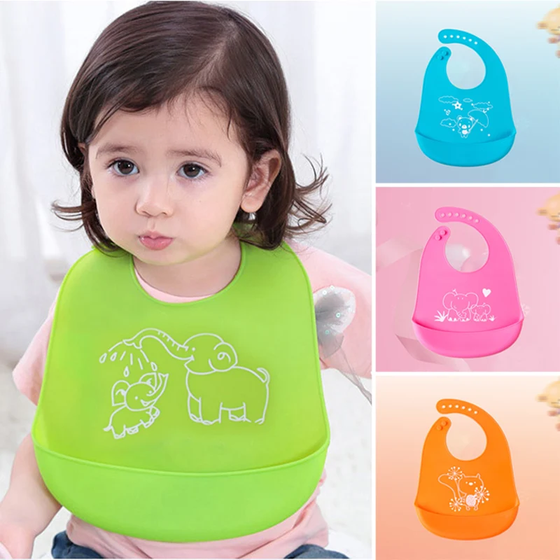 

Cartoon Prints Baby Silicone Bib Children Adjustable Waterproof Bib Babystuff Children's Apron Newborn Baby Boy Girls
