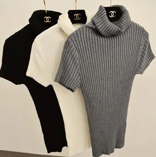 

2019 Summer Turtleneck Women Sweater Female Elastic Slim Short-sleeve Basic Solid Color Femela Sweater Casual Women Tops