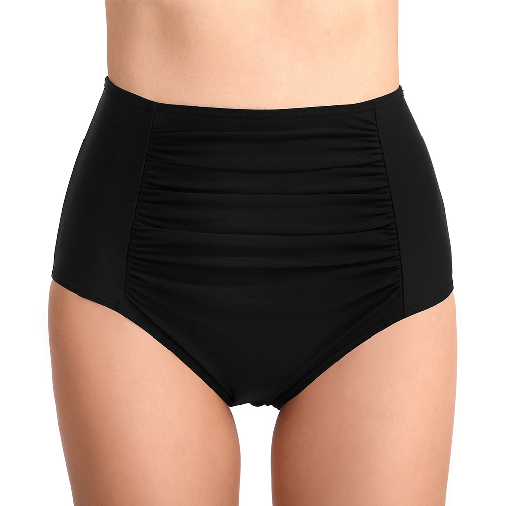 

AOYLISEY Black Bikini Bottom Women's Sport Shorts Swimwear Vintage High Waist Two-Piece Separate Triangle Pleated Swim Tankini