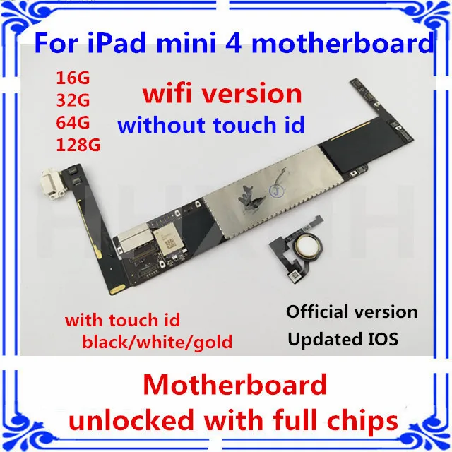 

Unlocked for iPad mini 4 Motherboard with/without touch id wifi version logic board IOS Black/White/Gold MB 16gb/32gb/64gb/128gb