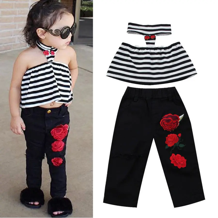 Stylish Baby Girls Halter Stripe Floral Clothing Set Fashion Toddler