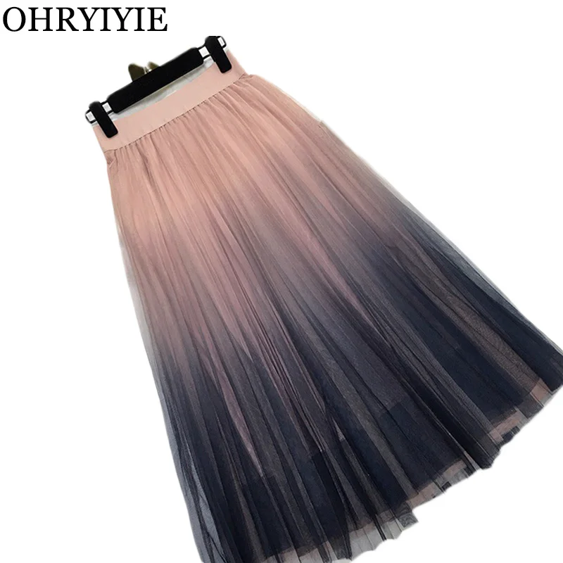Goedkoop Ohryiyie Vrouwen Gradiëntkleur Tule Rok Vrouwen 2020 Zomer Casual Patchwork Geplooide Rokken Vrouwelijke Elegante Hoge Taille Lange Rok