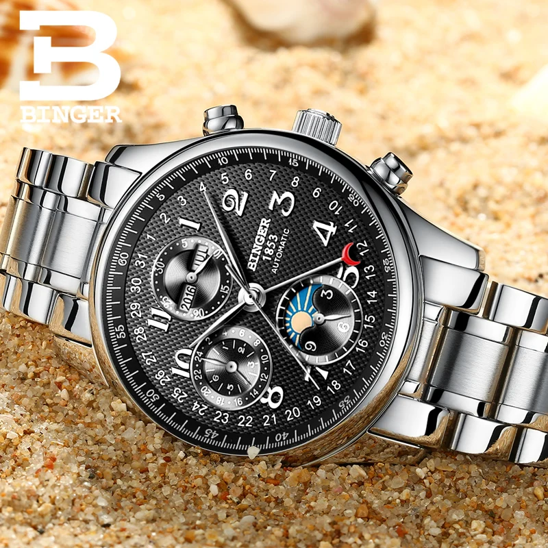 Бингер мужской роскошный бренд часов несколько функций часы для мужчин Moon Phase сапфир календарь механические наручные часы B-603-8 2