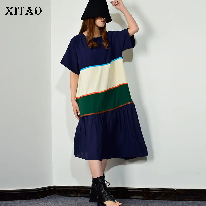 

[XITAO Striped Pleated Irregular Maxi Dress for Women Patchwork Pullover Temperament Goddess Fan O Neck New Summer Korea XJ1519
