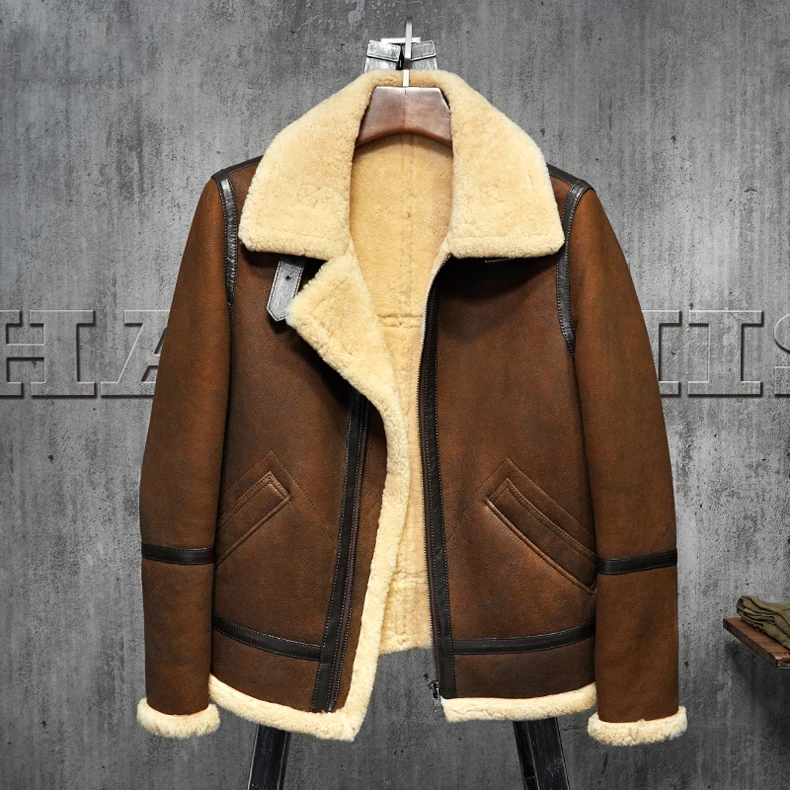 

Men's Shearling Leather Jacket Dark Brown B3 Jacket Original Flying Jacket Men's Fur Coat Aviation Leathercraft Pilots Coat WZ