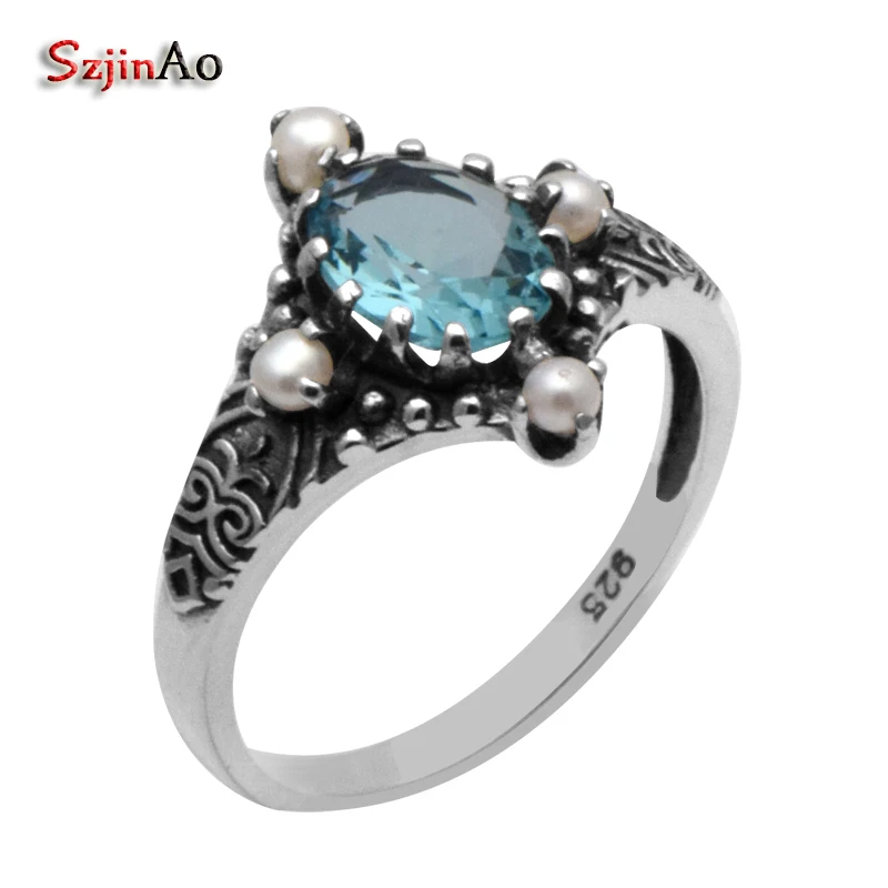 Szjinao синий кристалл жемчуг кольцо из стерлингового серебра Jewelry Для женщин жениться вечерние античное кольцо 925 Серебряные ювелирные