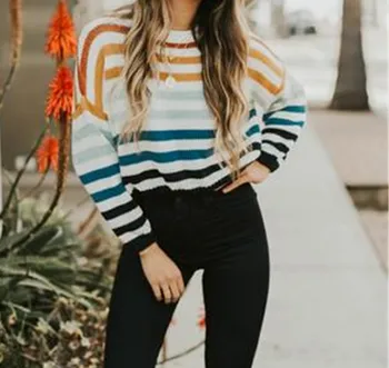 

New Multicolor Striped Knitted Sweater Women Rainbow Colorful Long Sleeve Spring Autumn Female Clothes Pullovers Tops feminine